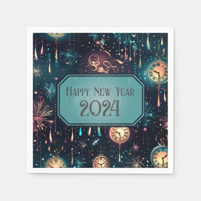 Silvester-Party Napkins farbenfrohe Uhrendesign Serviette (Vorderseite)