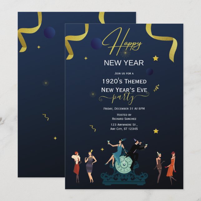 Silvester Party Navy Gold der 1920er Jahre Einladung (Vorne/Hinten)