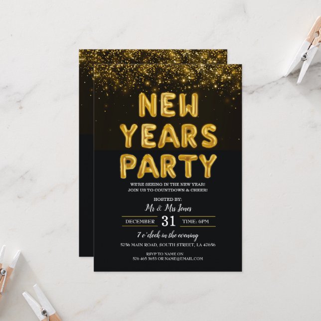 Silvester Party Schwarz und Gold Einladung (Vorderseite/Rückseite Beispiel)