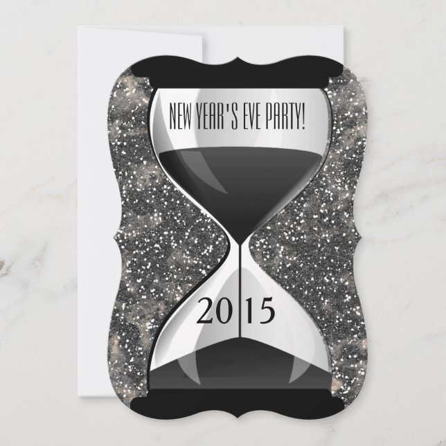 Silvester Party Schwarze Glitzern-Stundenglas Einladung (Vorderseite)