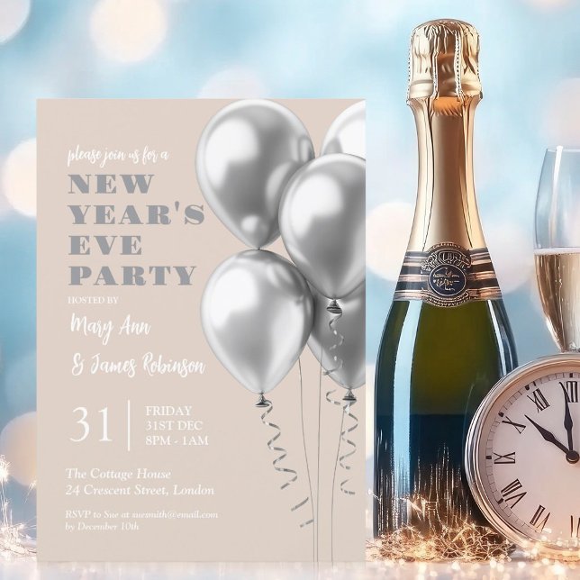 Silvester Party Silver Balloons Champagne Einladung (New Years Eve Party Silver Balloons Champagne Invitation)