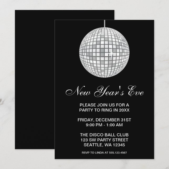 Silvester Party Silver Diskothek Ball Einladung (Vorne/Hinten)