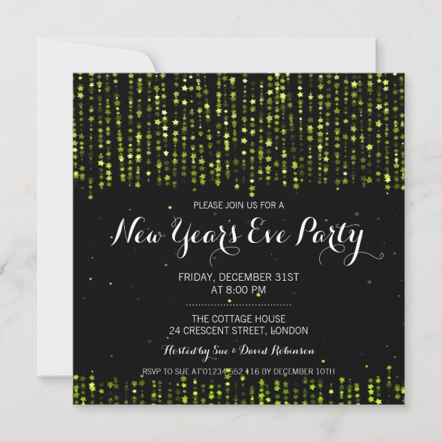 Silvester Party Star Confetti Green Einladung (Vorderseite)