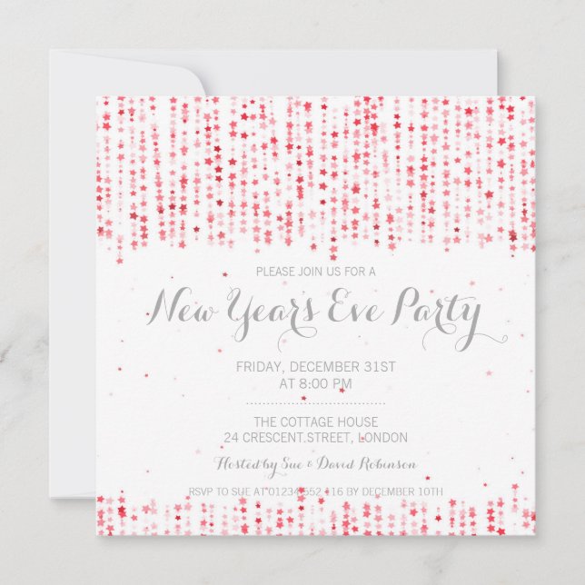 Silvester Party Star Confetti Rot Einladung (Vorderseite)
