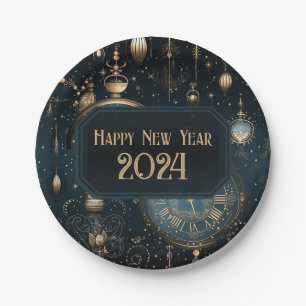 Silvester-Party-Teller - Blaue Uhr Pappteller