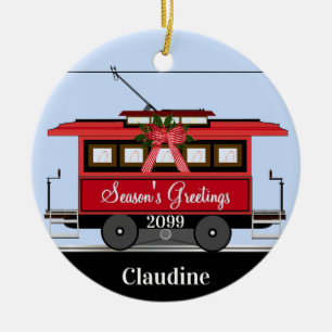 Silvester Red Tram Trolley Streetcar Keramik Ornament