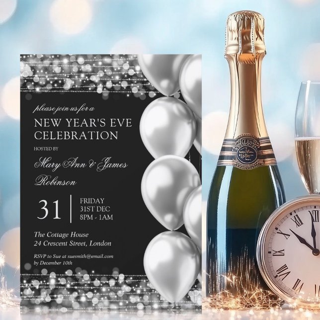 Silvester Silver Glanz Lichtballons Einladung (New Years Eve Silver Shimmering Lights Balloons Invitation)