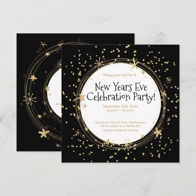 Silvester, Sterne, Schwarzes Gold, Party Einladung (Vorne/Hinten)