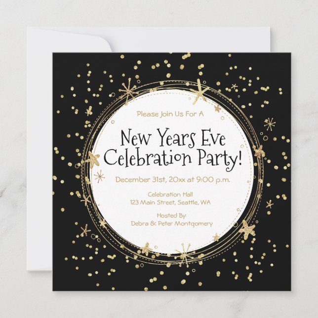 Silvester, Sterne, Schwarzes Gold, Party Einladung (Vorderseite)