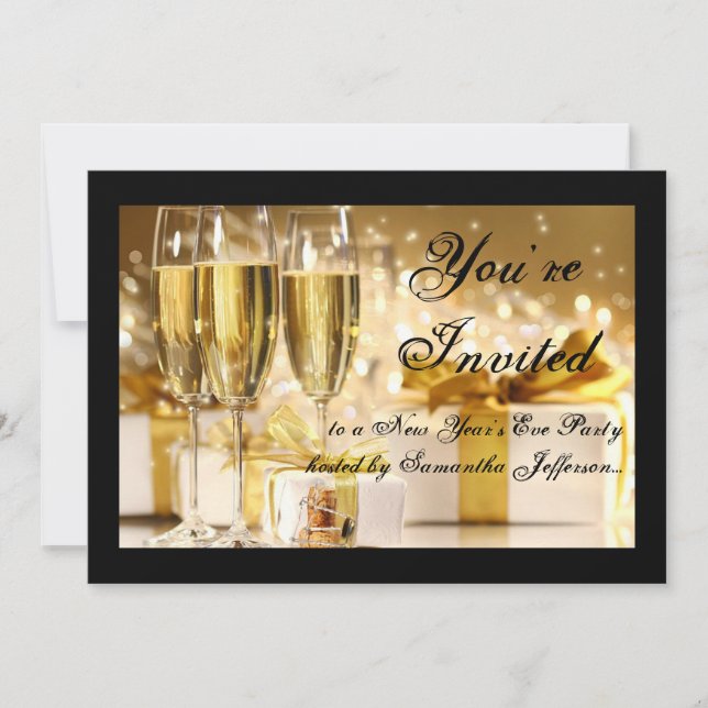 Silvesterabend-Party mit Gold/Black Champagne Einladung (Vorderseite)