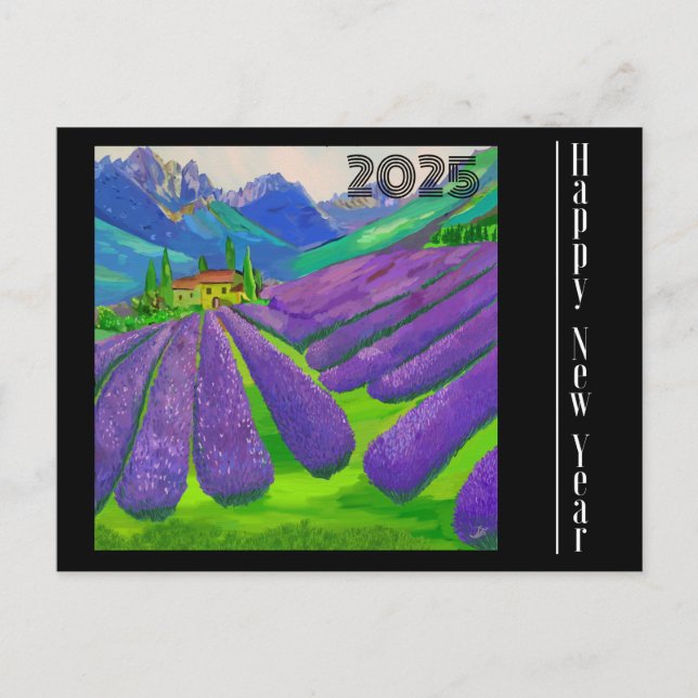 Silvestercard Lavendelfelder vor den Bergen Postkarte (Vorderseite)