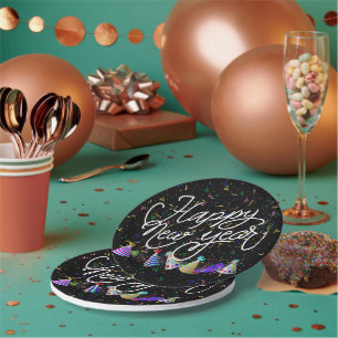 Silvesterhüte und Konfetti Neujahr Pappteller
