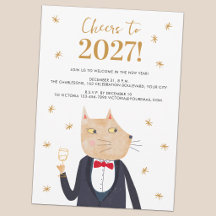 Silvesterparty-Einladung mit Katze im Smoking