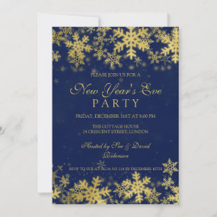 Silvesterparty Gold & Navyblau Schneeflocken Einladung