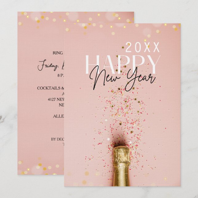 Silvesterparty mit Pink Champagner Einladung (Vorne/Hinten)