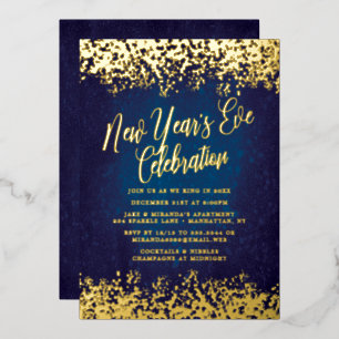 Silvesterparty Navy Blau Gold Konfetti Folieneinladung