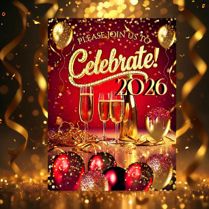 Silvesterparty Rot Gold Champagner Girlanden Einladung