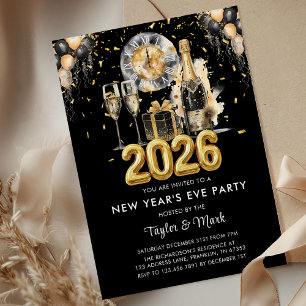 Silvesterparty Schwarz Gold Glitter Champagner Einladung