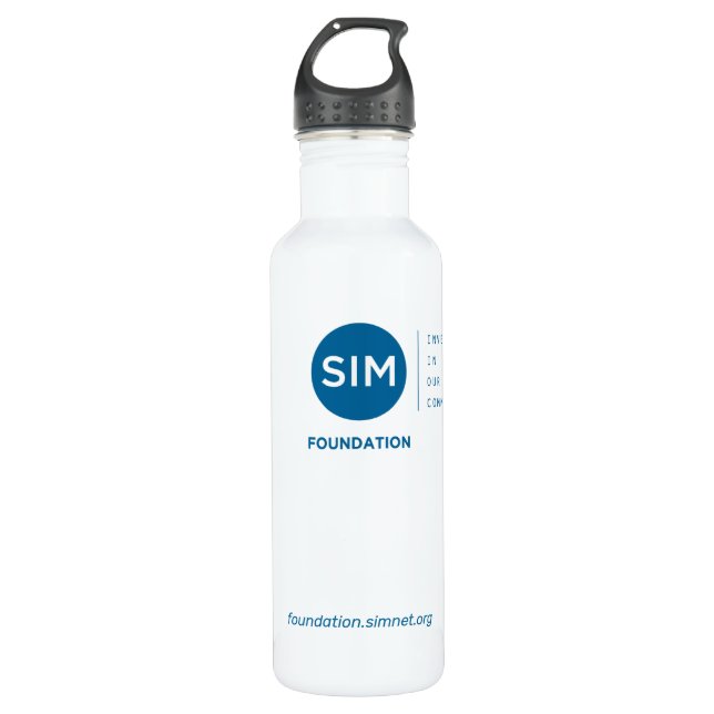 SIM Foundation Wasserflasche mit Aquamarinem Logo Edelstahlflasche (Vorderseite)