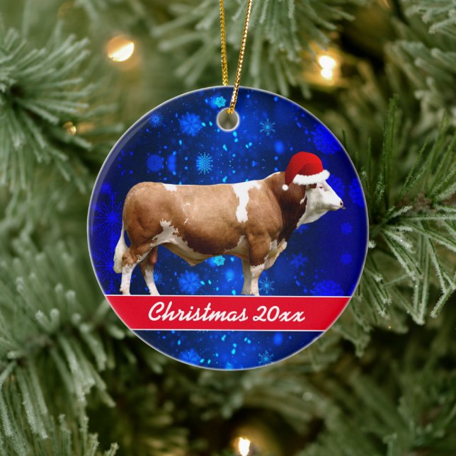 Simmental Bull and Weihnachtsmannmütze Keramik Orn Keramik Ornament (Baum)