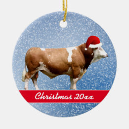 Simmental Bull and Weihnachtsmannmütze Keramik Orn Ornament
