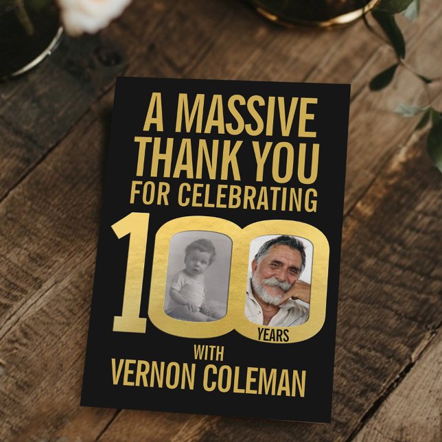 Simple 100th birthday photo black and gold  dankeskarte (Von Creator hochgeladen)