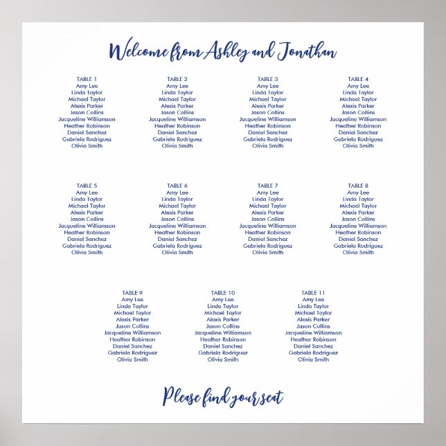 Simple 11 Table Dark Blue Seating Chart Poster (Vorne)