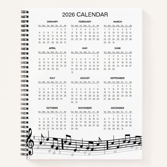Simple 2026 Calendar with Musical Notes |  Notizbuch (Vorderseite)