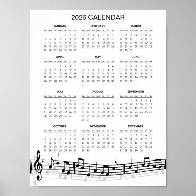 Simple 2026 Calendar with Musical Notes |  Poster (Vorne)