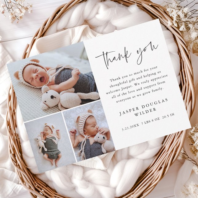Simple 3 Foto Baby Dankeskarte (Simple 3 photo collage baby announcement thank you cards.)