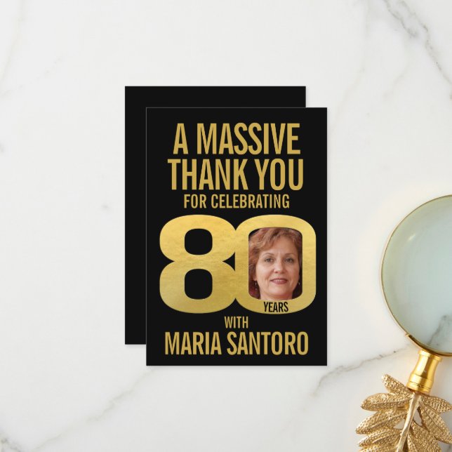 Simple 80th birthday photo black and gold  dankeskarte (Vorderseite/Rückseite Beispiel)