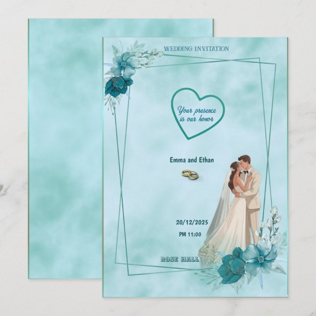 Simple and elegant wedding invitation in Sky Blue (Devant / Derrière)