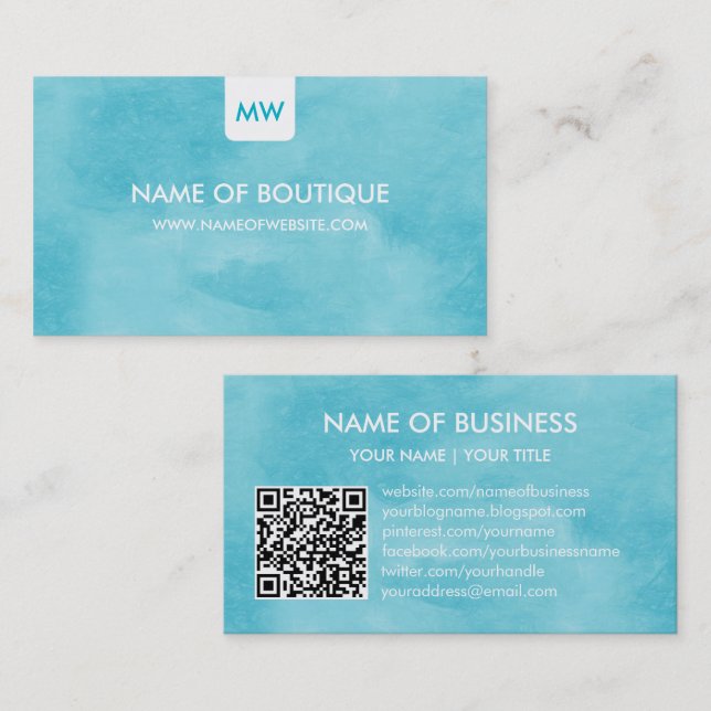 Simple Aqua Chic Boutique Monogram Social Media Visitenkarte (Vorne/Hinten)