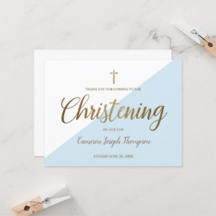 Simple Baby Boy Blue Christening Gold Vielen Dank Karte