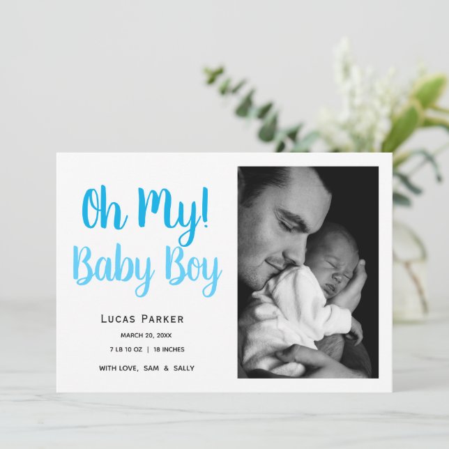 Simple Baby Boy Foto Collage Birth Ankündigung (Stehend Vorderseite)