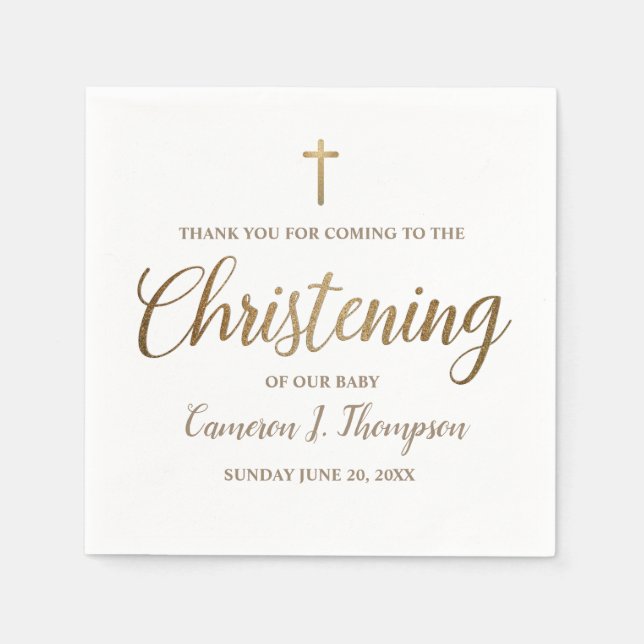 Simple Baby Christening Gold Cross Script Serviette (Vorderseite)