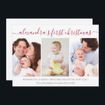 Simple Baby First Christmas Foto Collage Feiertagskarte<br><div class="desc">Diese einfache,  moderne Foto-Urlaubskarte ist der perfekte Weg,  um Ihrer Familie und Freunden zu sagen,  dass es das erste Weihnachtsfest des Babys ist. Das Design besteht aus einer dreiteiligen Collage mit und einer einfachen Typografie,  um mit dem Namen Ihres Babys,  einem kurzen Urlaubswunsch und Ihrem Familiennamen zu personalisieren.</div>