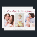 Simple Baby First Christmas Foto Collage Feiertagskarte<br><div class="desc">Diese einfache,  moderne Foto-Urlaubskarte ist der perfekte Weg,  um Ihrer Familie und Freunden zu sagen,  dass es das erste Weihnachtsfest des Babys ist. Das Design besteht aus einer dreiteiligen Collage mit und einer einfachen Typografie,  um mit dem Namen Ihres Babys,  einem kurzen Urlaubswunsch und Ihrem Familiennamen zu personalisieren.</div>