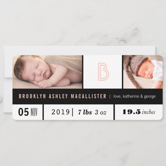 Simple Baby Girl Stats Pink Monogram 2 Foto Birth Ankündigung (Vorderseite)