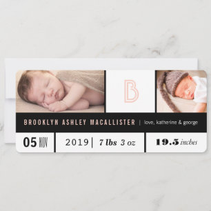 Simple Baby Girl Stats Pink Monogram 2 Foto Birth Ankündigung