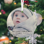 Simple Baby 'My First Christmas Foto Keepake Ornament Aus Glas<br><div class="desc">Mit dieser einfachen,  modernen Vorlage kreieren Sie die ersten Weihnachtsschmuck eines Babys. Das Design verfügt über ein Foto Ihrer Wahl,  ein weißes Overlay-Banner mit dem Text 'MY FIRST CHRISTMAS' und dem Namen des Babys.</div>