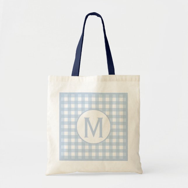 Simple Basic Faded Denim Blue Gingham Monogram  Tragetasche (Vorne)