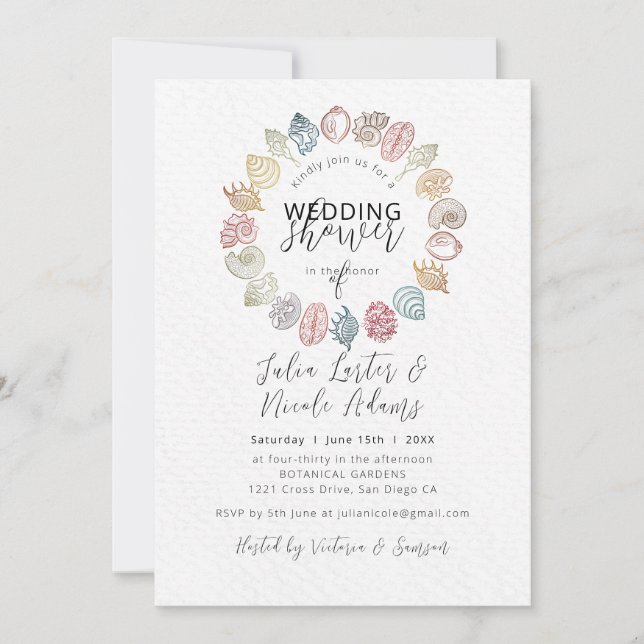 Simple Beach Seashell Wreath Polterabend Einladung (Vorderseite)