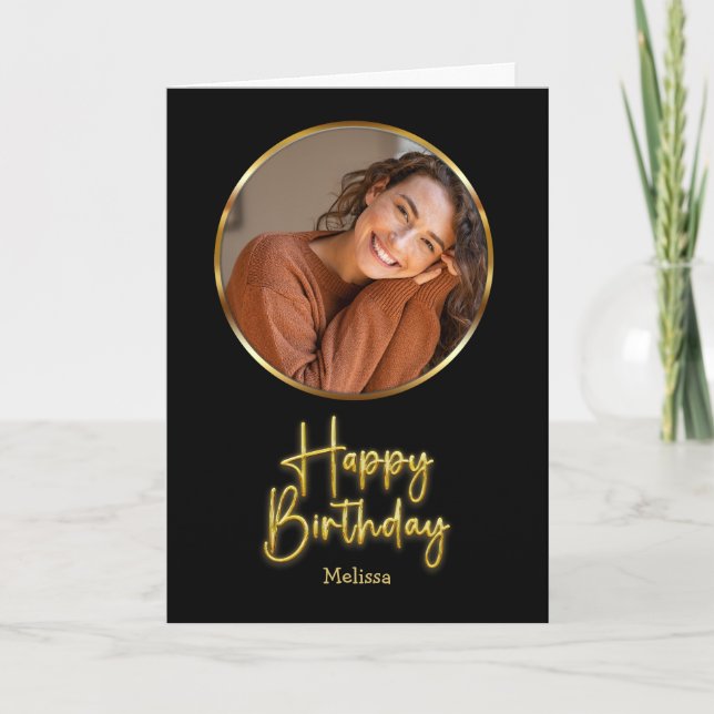 Simple Black and Gold Script Circle Photo Birthday Karte (Vorderseite)