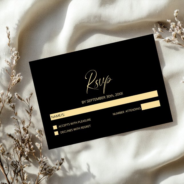Simple Black and Gold Wedding RSVP Karte (Von Creator hochgeladen)