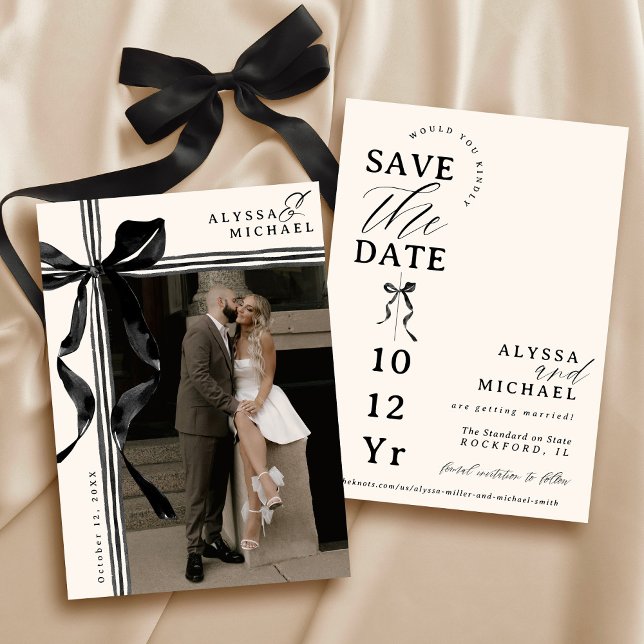 Simple Black and Ivory Bow Elegant Photo Wedding Save The Date (Elegant modern watercolor black and ivory coquette bow ribbon typography photo wedding save the date)