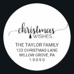Simple Black Calligraphy Christmas Rücksendeadress Runder Aufkleber<br><div class="desc">Diese schlichten schwarzen Kalligraphie-Weihnachtsaufkleber sind perfekt für einen rustikalen Urlaub oder für eine Einladung. Das neutrale Design besticht durch einen eleganten Schriftart mit Pinselskripten,  der "Weihnachtswünsche" und einen kleinen Weihnachtsbaum ausliest. Bitte kontaktieren Sie mich mit beliebigen Designanpassungen,  die Sie benötigen.</div>