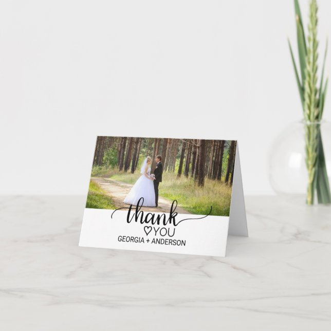 Simple Black Calligraphy Wedding Foto Vielen Dank Dankeskarte (Vorderseite)