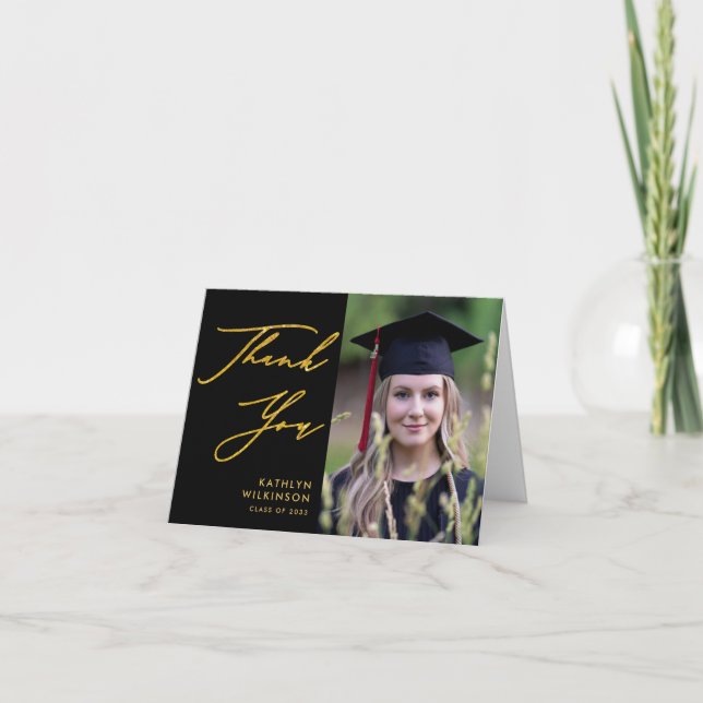 Simple Black Elegant Gold Script Foto Abschluss Dankeskarte (Vorderseite)