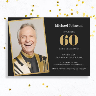 Simple Black Gold Custom Foto 60. Geburtstagsparty Einladung
